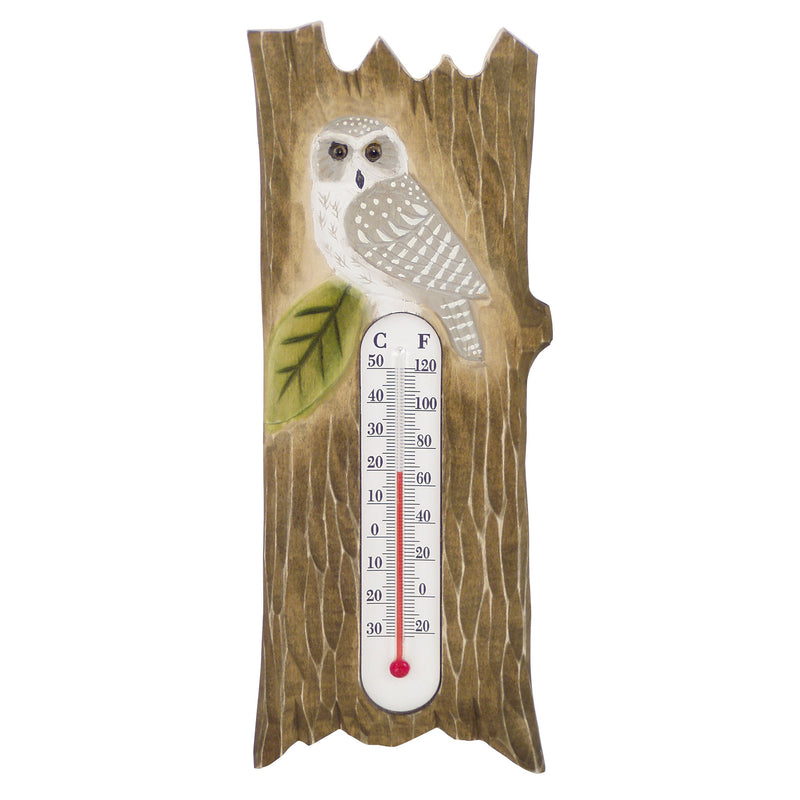 Thermometer mit Habichtskauz aus Holz
