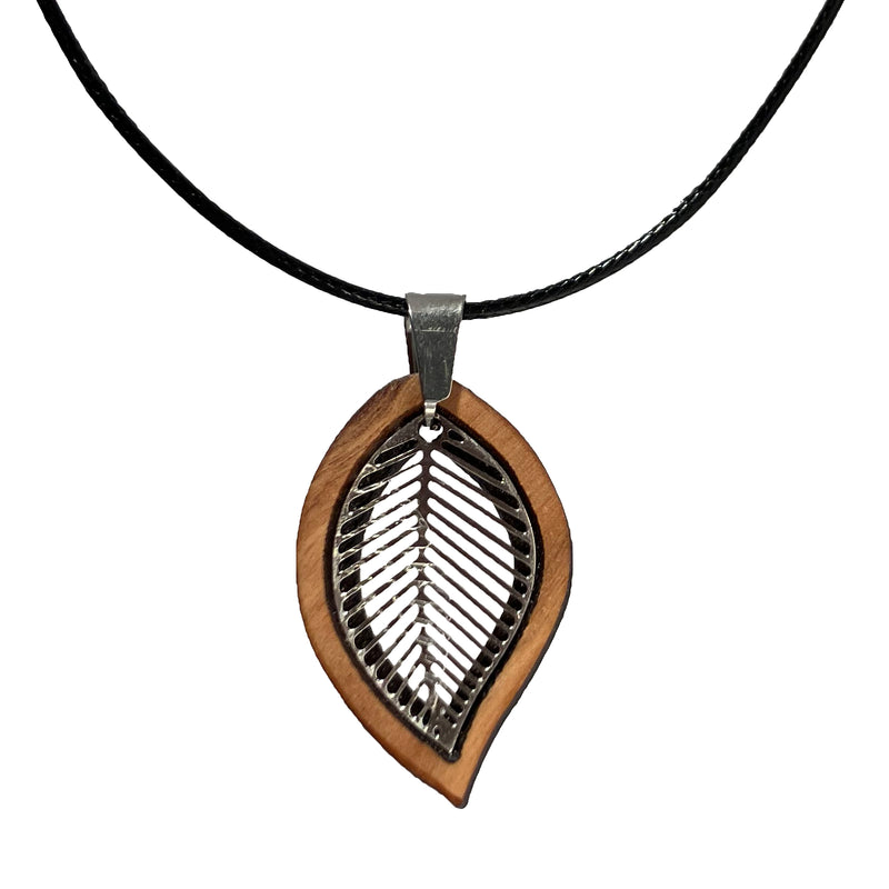 Halskette aus Olivenholz "filigranes Blatt silber" Nr. 052.580