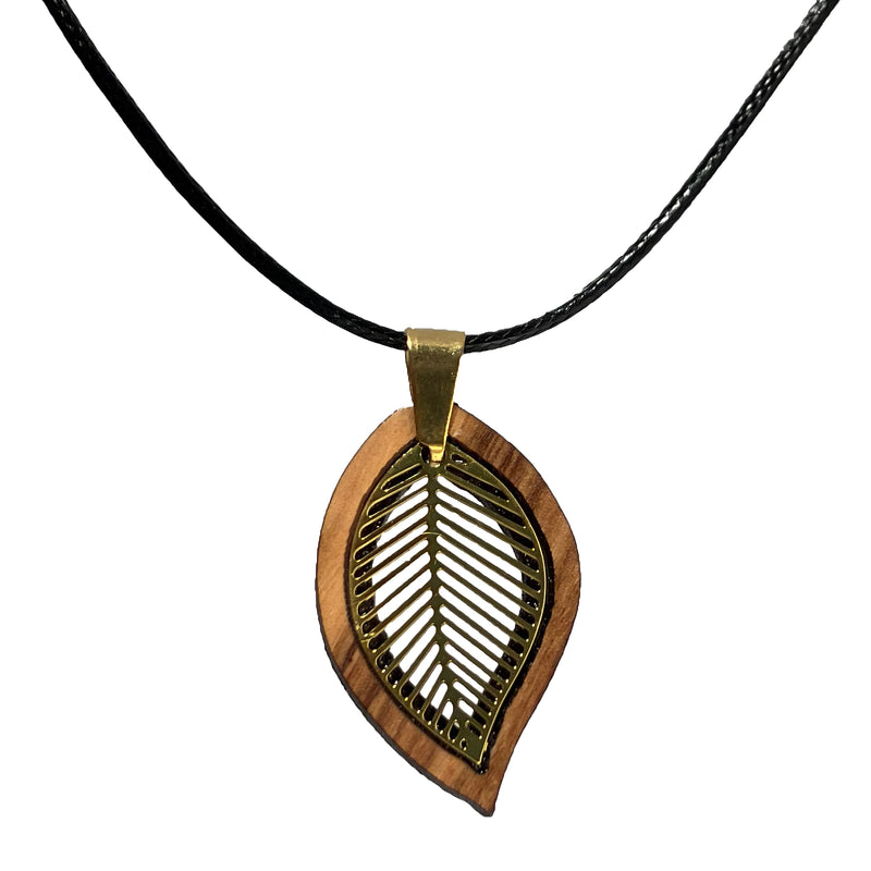 Halskette aus Olivenholz "filigranes Blatt gold" Nr. 052.581
