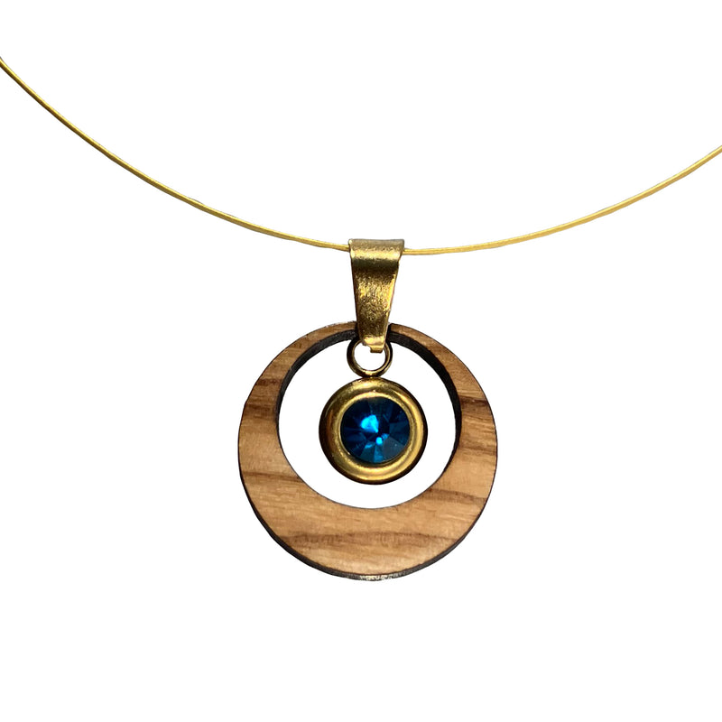 Halskette aus Olivenholz "Auge gold - Strass blau" Nr. 052.685