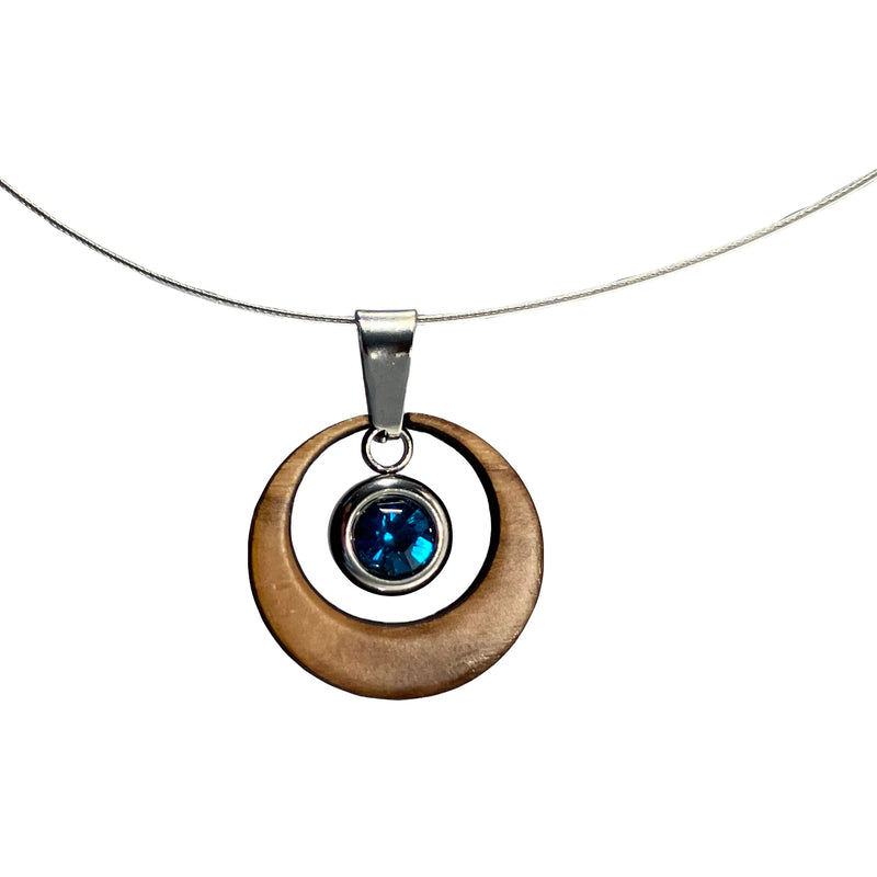 Halskette aus Olivenholz "Auge silber - Strass blau" Nr. 052.689