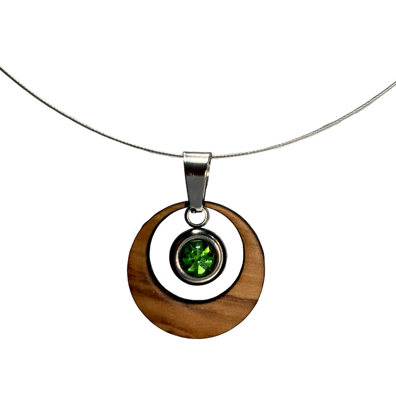 Halskette aus Olivenholz "Auge silber - Strass grün" Nr. 052.690