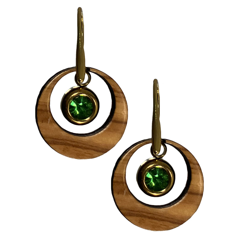 Ohrringe aus Olivenholz "Auge gold - Kristall grün" Nr. 052.902
