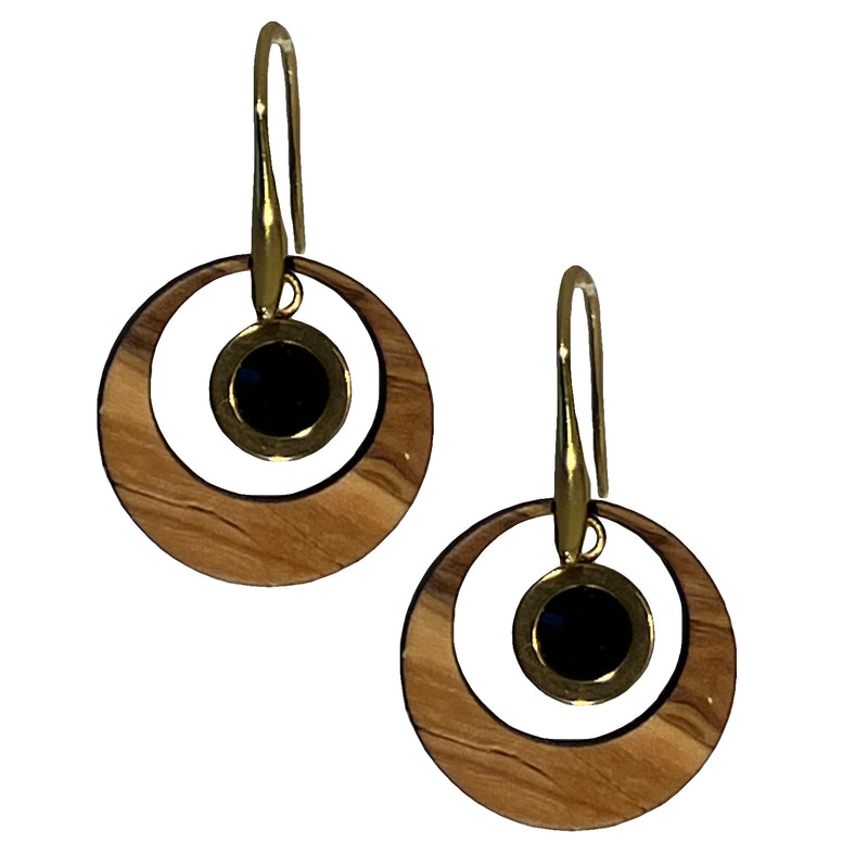 Ohrringe aus Olivenholz "Auge gold - Kristall schwarz" Nr. 052.903