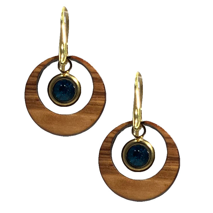 Ohrringe aus Olivenholz "Auge gold - Kristall blau" Nr. 052.904
