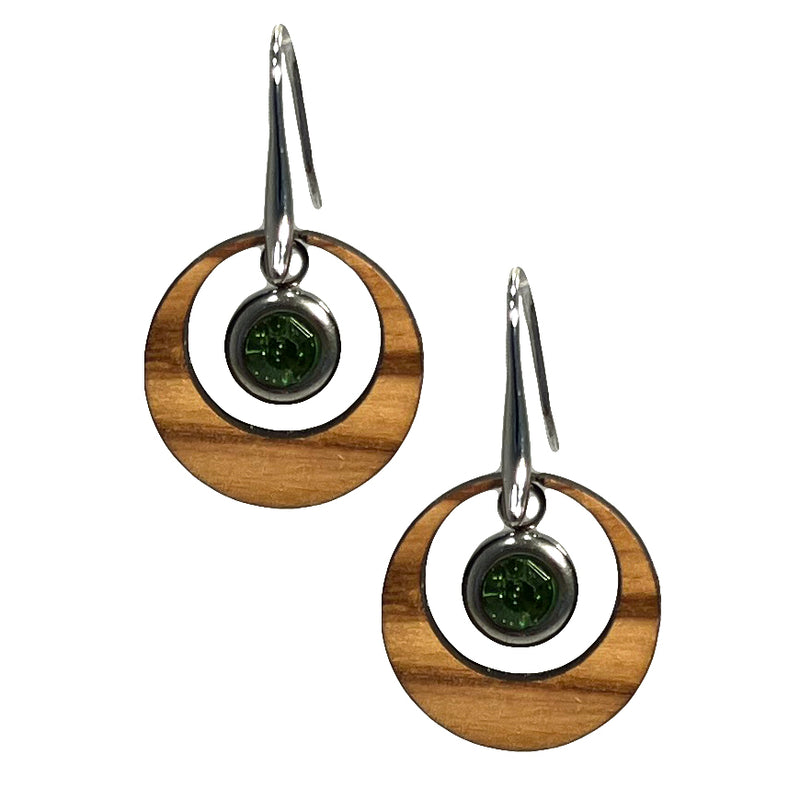 Ohrringe aus Olivenholz "Auge silber - Kristall grün" Nr. 052.907