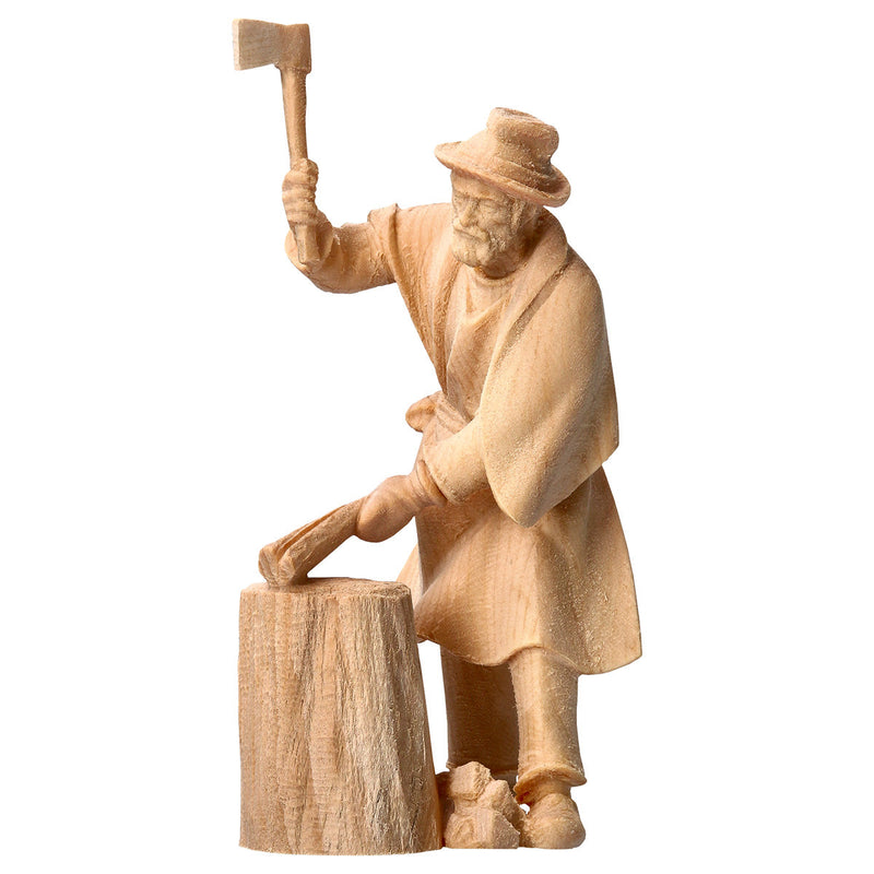 Holzhacker mit Holzklotz aus Zirbenholz, Krippenfiguren "Berg Zirbe"