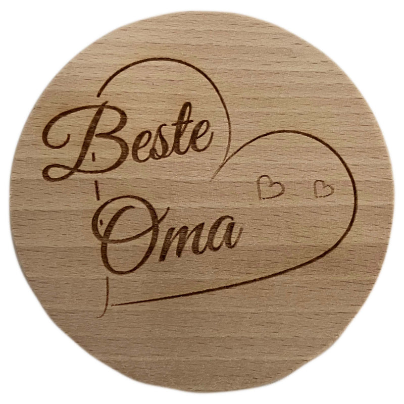 Glasdeckel mit Gravur "Beste Oma" aus Buchenholz