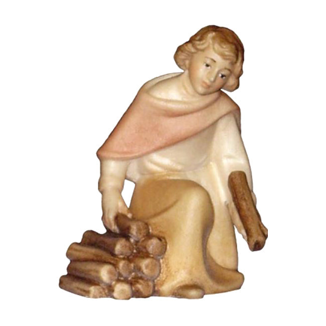 Hirt kniend am Lagerfeuer aus Ahornholz, Krippenfiguren "Mirja"