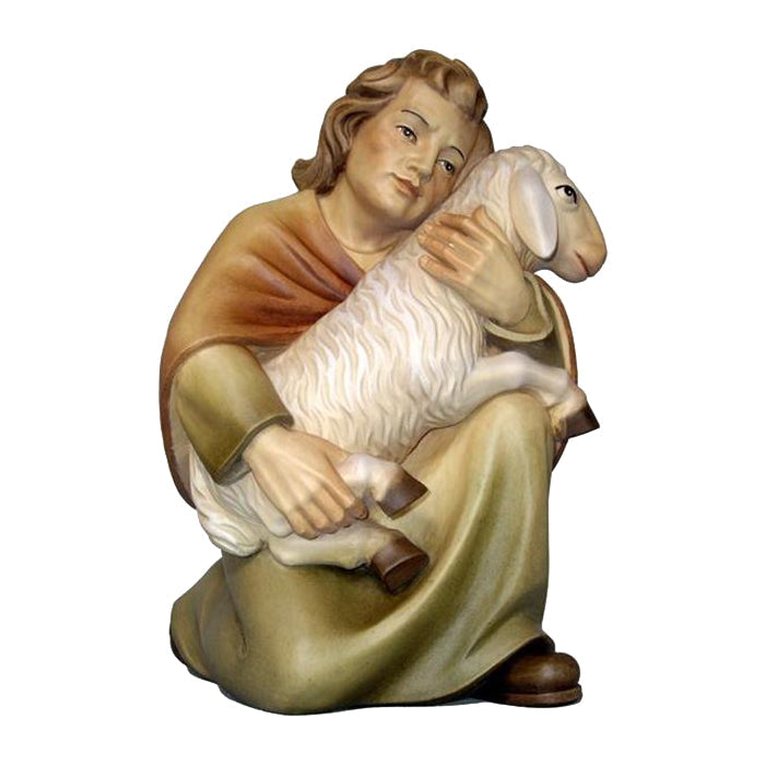 Hirt kniend mit Schaf auf Knie aus Ahornholz, Krippenfiguren "Mirja"