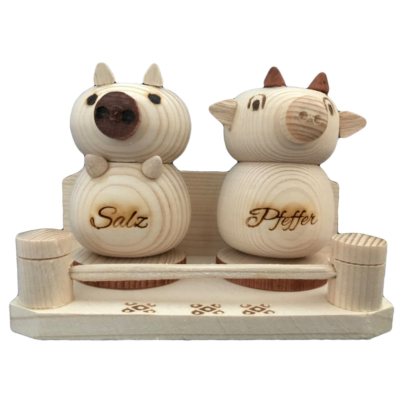 3er Set Salzstreuer Kuh- und Schweinmotiv aus Holz mit Gravur Nr. 009.127
