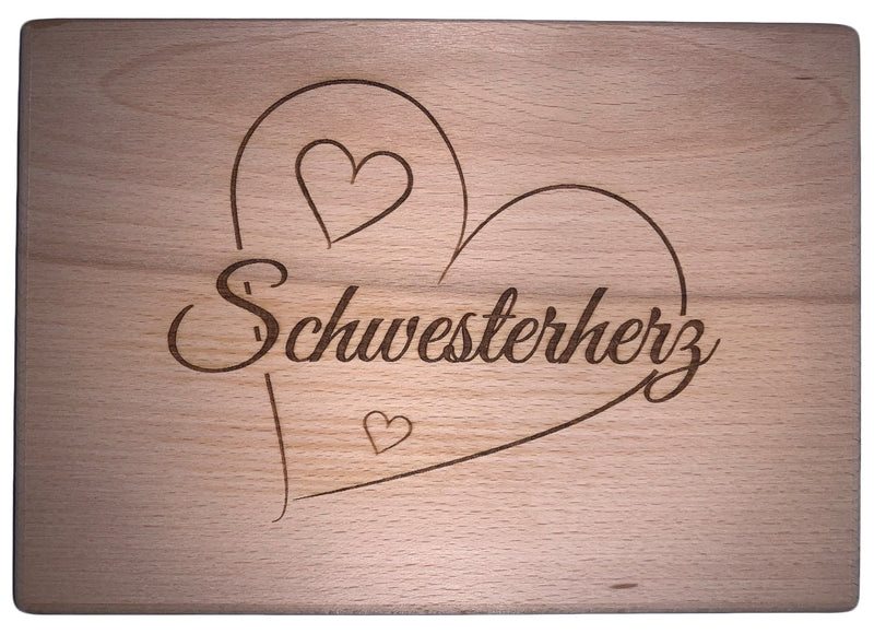 Schneidbrett mit Gravur "Schwesterherz" aus Buchenholz, 22x15,5x1 cm