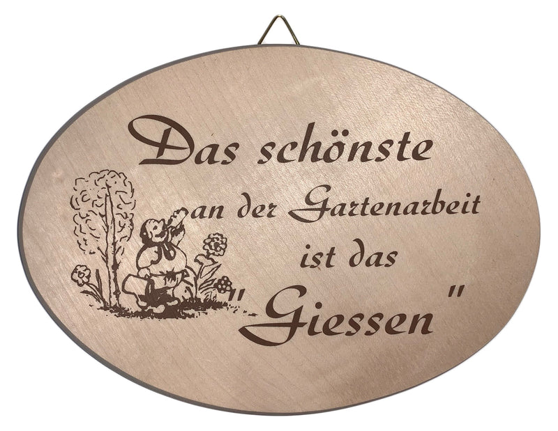 Lustiges Spruchbrett oval "Das schönste an der Gartenarbeit..." aus Ahornholz, 12x18 cm