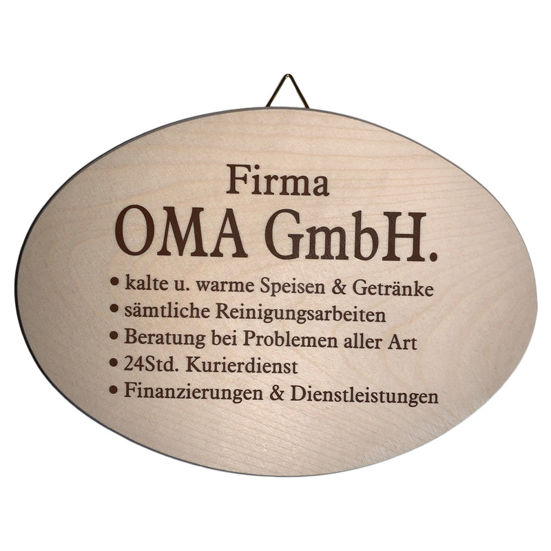 Lustiges Spruchbrett oval "Firma Oma GmbH..." aus Ahornholz, 12x18 cm