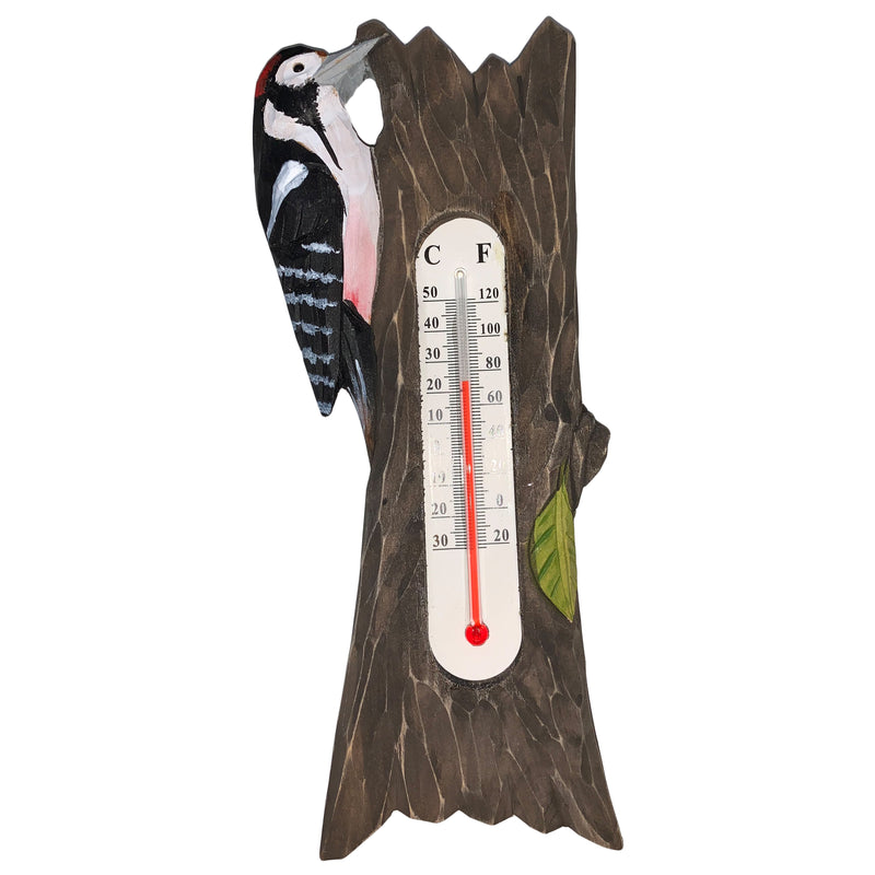 Thermometer mit Buntspecht aus Holz
