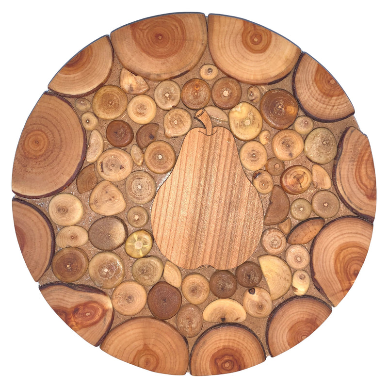 Topfuntersetzer rund aus Holz, gemischte Hölzer, mit Birnenmotiv 037.026