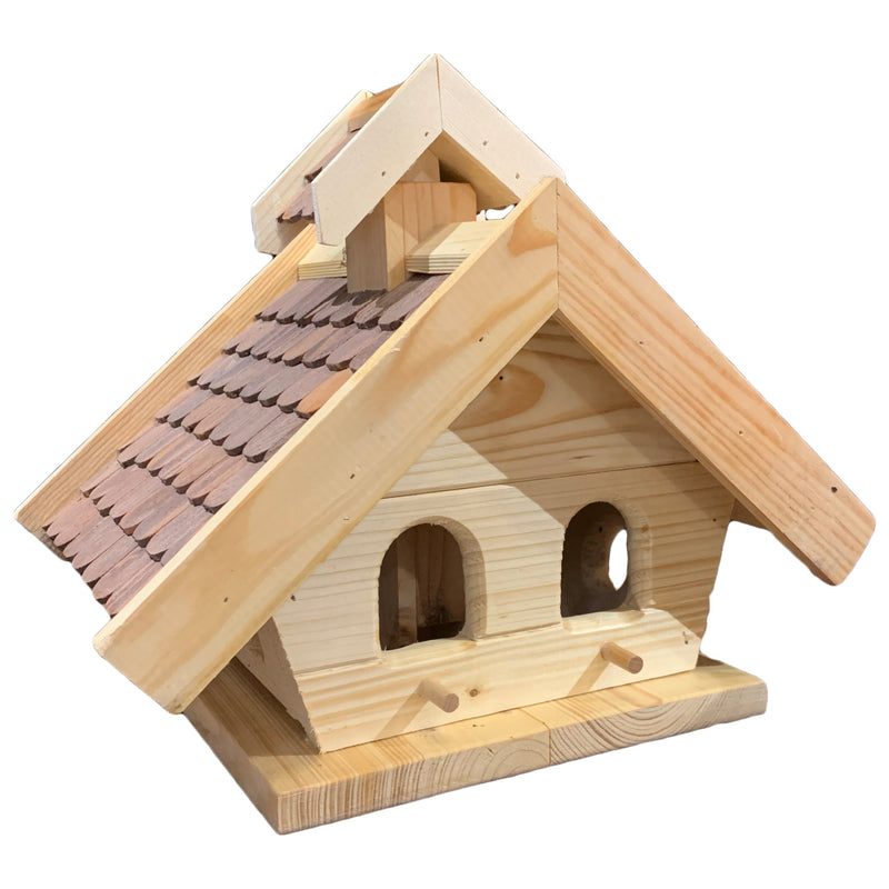 Vogelhaus "rechteckig" mit braunem Dach und Futterdosierer aus Holz