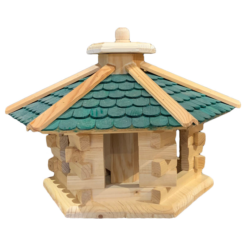 Vogelhaus "Vogelvilla" klein mit grünem Dach und Futterdosierer aus Holz